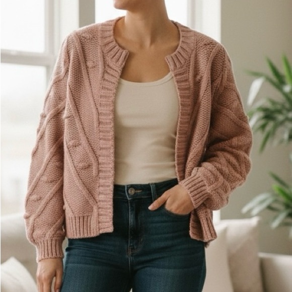 Lucky Brand Sweaters - Lucky Brand Blush Pink Cable Knit Open Front Cardigan Sweater XS Cozy Chunky